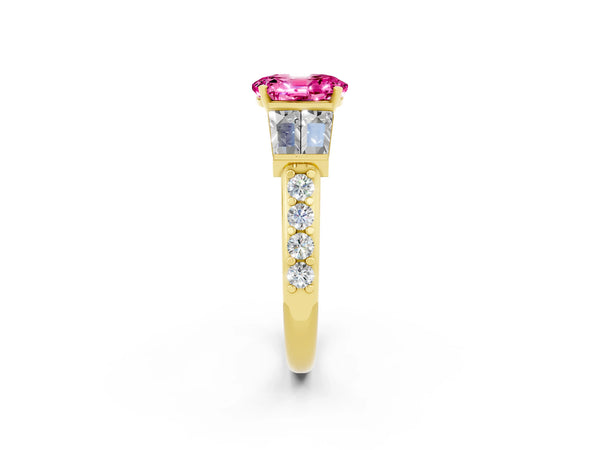 Yellow gold Oval Cut Pink Sapphire Engagement Ring with Baguette Side Stones and Channel Set Band