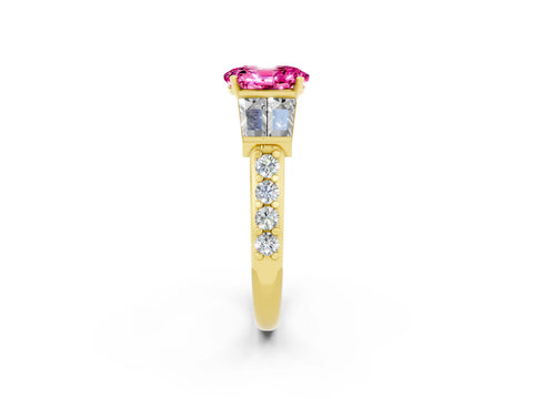Yellow gold Oval Cut Pink Sapphire Engagement Ring with Baguette Side Stones and Channel Set Band_2