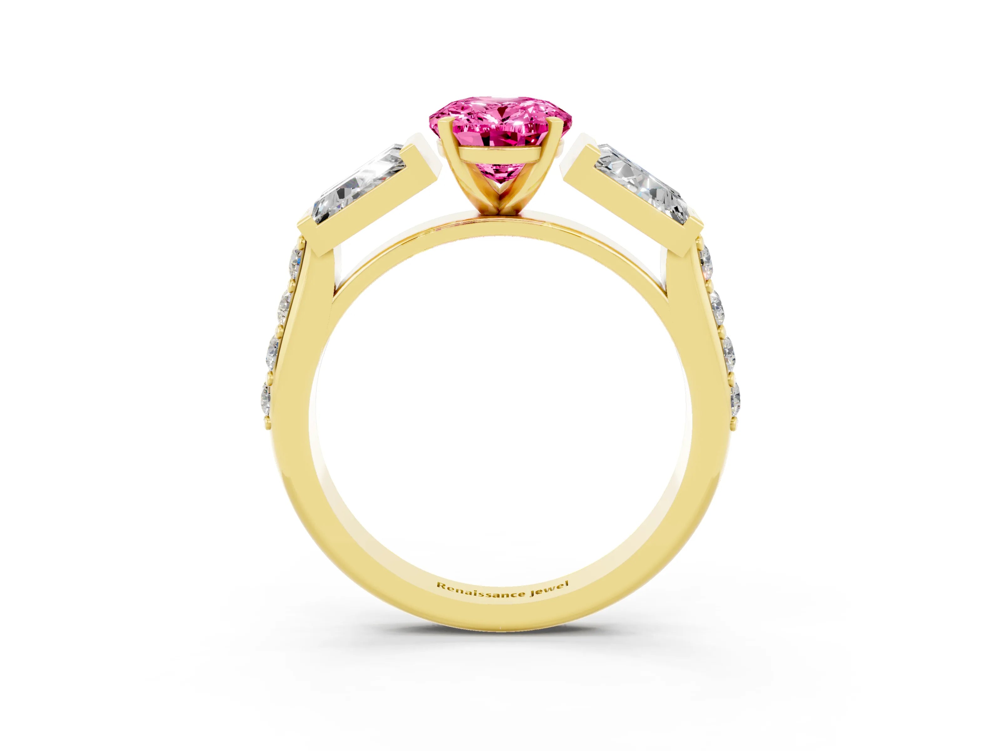 Yellow gold Oval Cut Pink Sapphire Engagement Ring with Baguette Side Stones and Channel Set Band_3