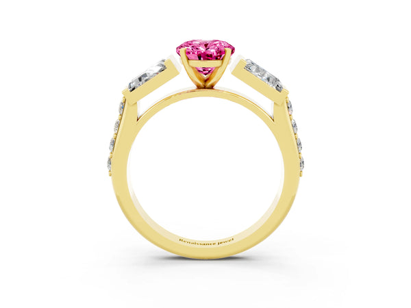 Yellow gold Oval Cut Pink Sapphire Engagement Ring with Baguette Side Stones and Channel Set Band