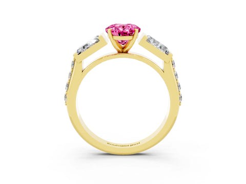 Yellow gold Oval Cut Pink Sapphire Engagement Ring with Baguette Side Stones and Channel Set Band_3
