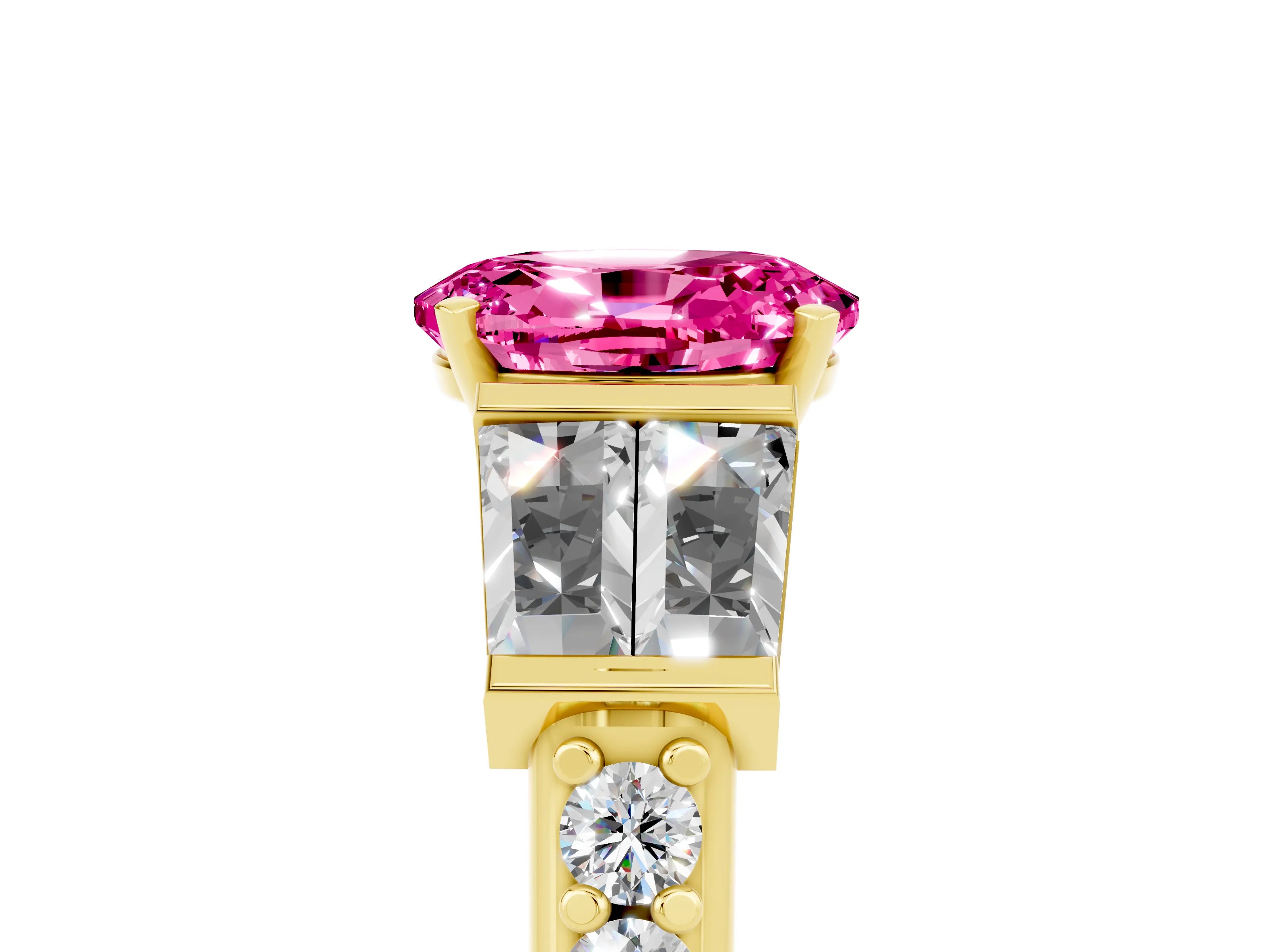 Yellow gold Oval Cut Pink Sapphire Engagement Ring with Baguette Side Stones and Channel Set Band_5