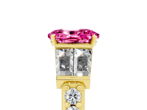 Yellow gold Oval Cut Pink Sapphire Engagement Ring with Baguette Side Stones and Channel Set Band_5