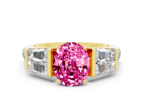 Yellow gold Oval Cut Pink Sapphire Engagement Ring with Baguette Side Stones and Channel Set Band