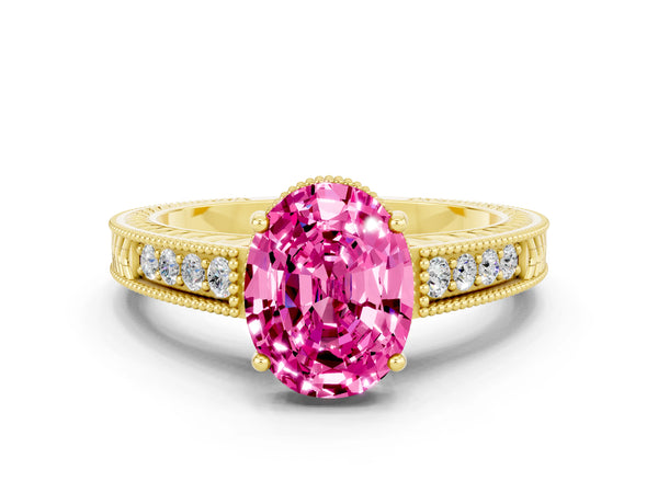 Yellow gold Oval Cut Pink Sapphire Engagement Ring with Milgrain Channel Set Band and Prong Setting