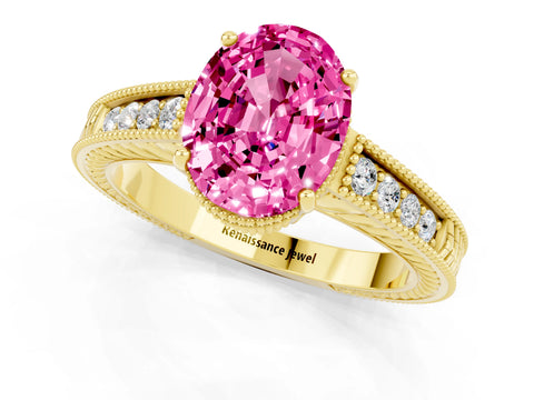 Yellow gold Oval Cut Pink Sapphire Engagement Ring with Milgrain Channel Set Band and Prong Setting_25