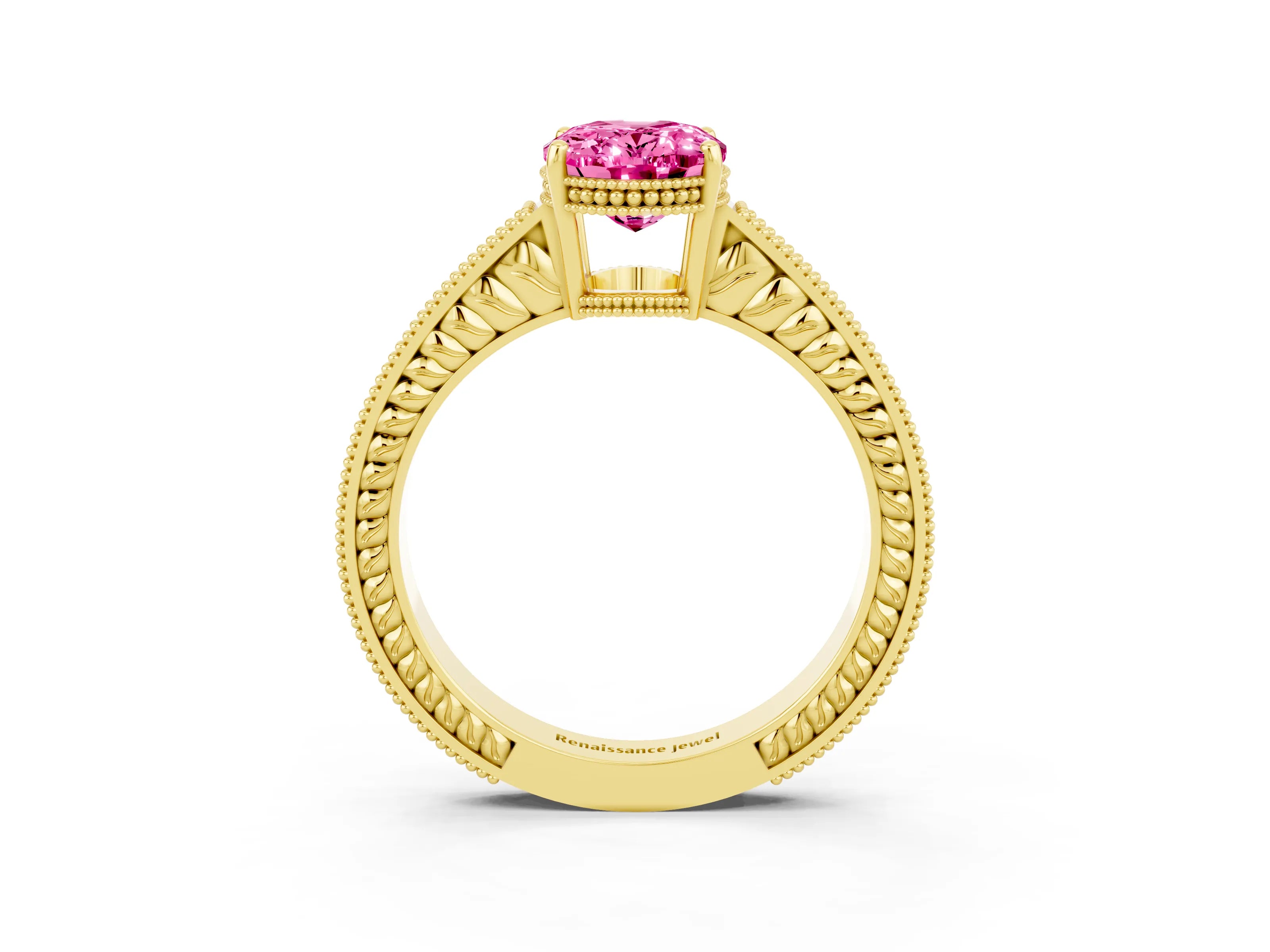 Yellow gold Oval Cut Pink Sapphire Engagement Ring with Milgrain Channel Set Band and Prong Setting_27