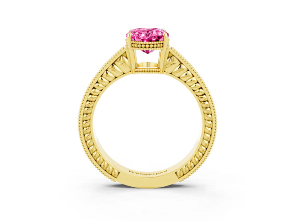 Yellow gold Oval Cut Pink Sapphire Engagement Ring with Milgrain Channel Set Band and Prong Setting