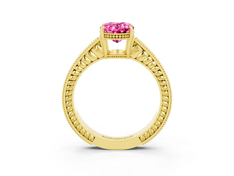Yellow gold Oval Cut Pink Sapphire Engagement Ring with Milgrain Channel Set Band and Prong Setting_27