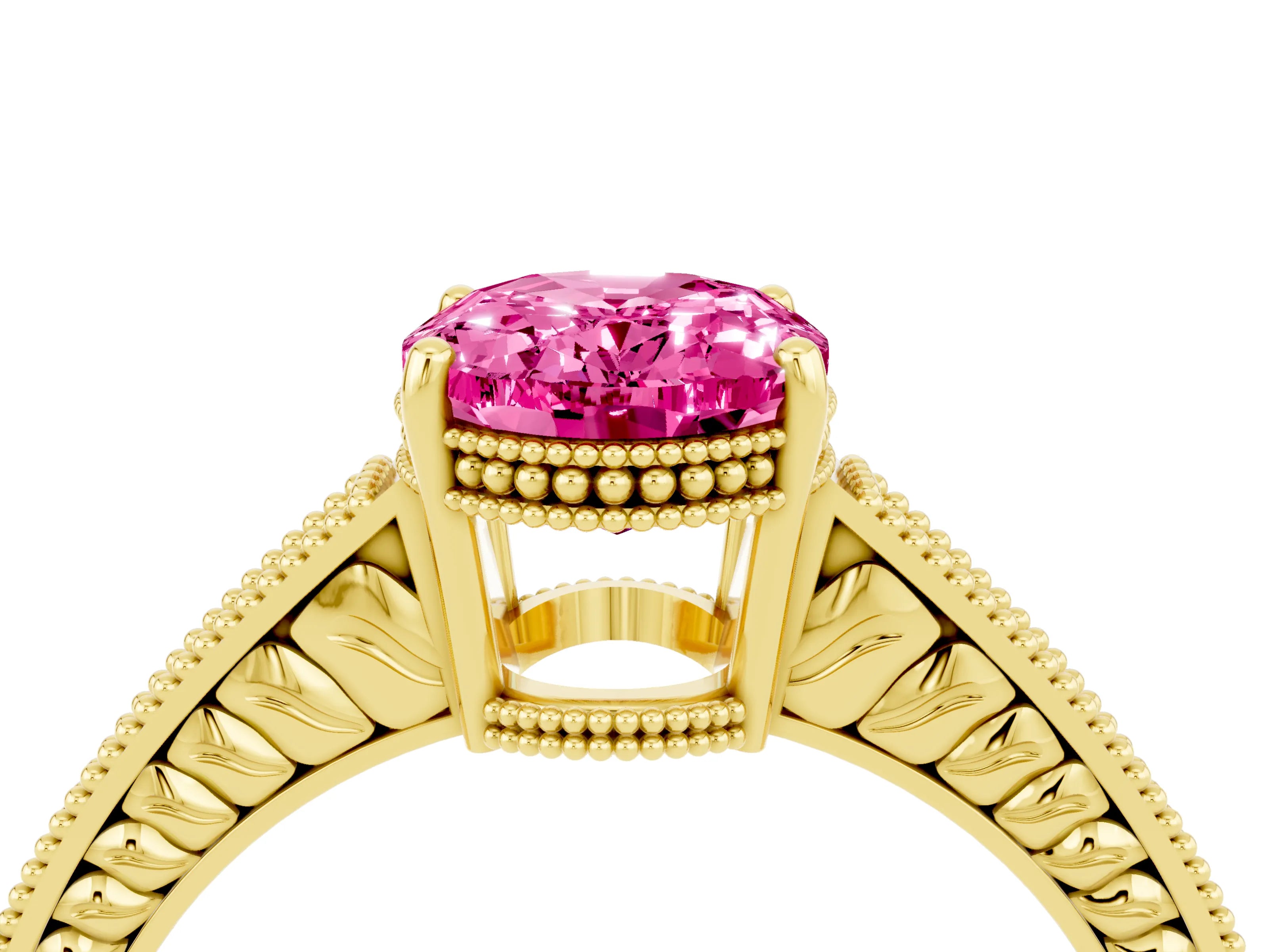 Yellow gold Oval Cut Pink Sapphire Engagement Ring with Milgrain Channel Set Band and Prong Setting_28