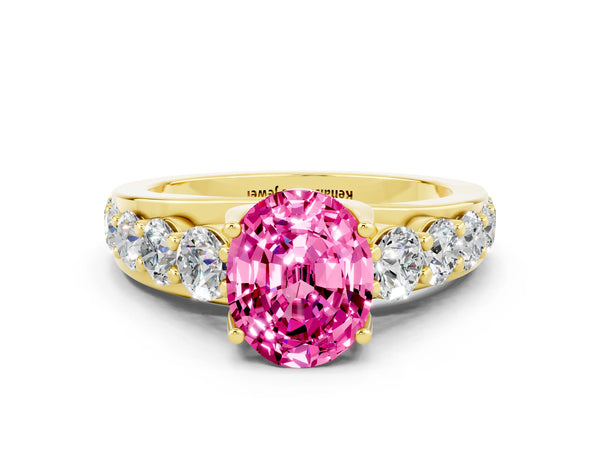 Yellow gold Oval Cut Pink Sapphire Engagement Ring with Pavé Band and Four-Prong Setting