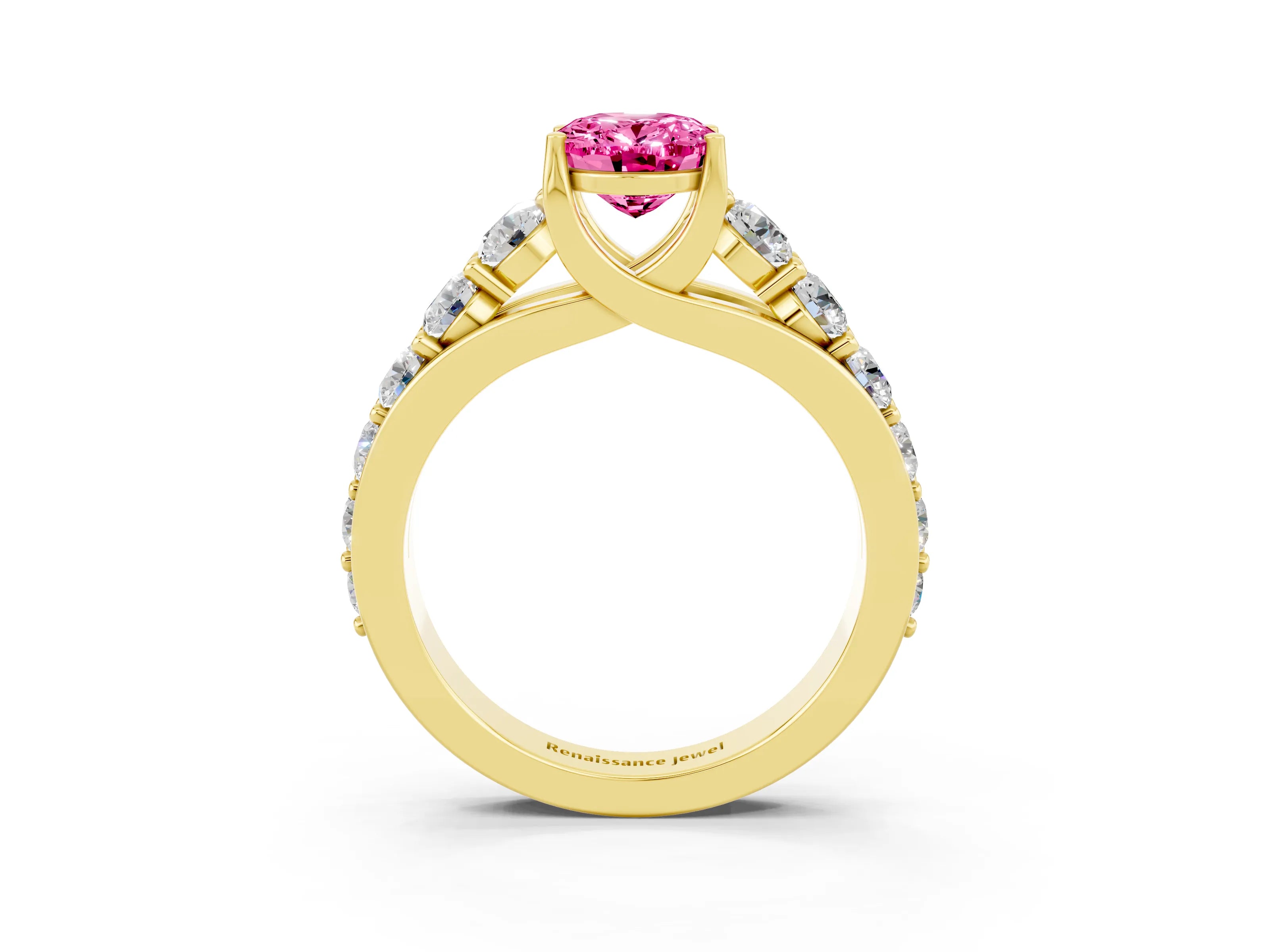 Yellow gold Oval Cut Pink Sapphire Engagement Ring with Pavé Band and Four-Prong Setting_3