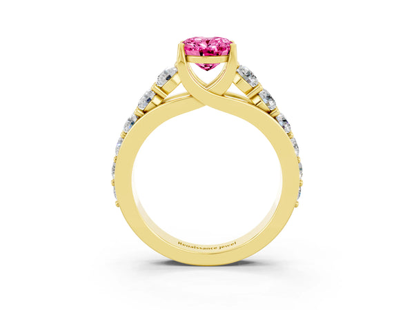 Yellow gold Oval Cut Pink Sapphire Engagement Ring with Pavé Band and Four-Prong Setting