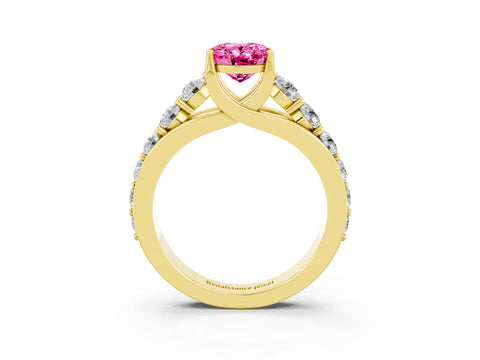 Yellow gold Oval Cut Pink Sapphire Engagement Ring with Pavé Band and Four-Prong Setting_3