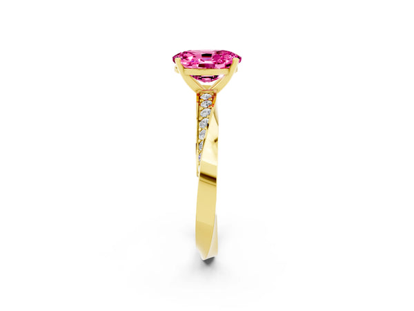 Yellow gold Oval Cut Pink Sapphire Engagement Ring with Side Stone Accents and Four-Prong Setting