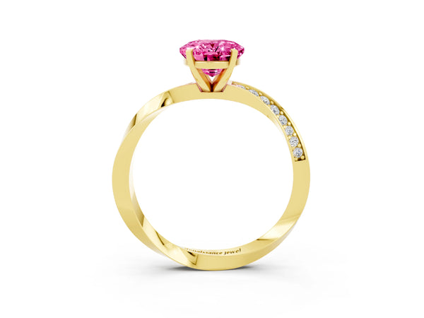Yellow gold Oval Cut Pink Sapphire Engagement Ring with Side Stone Accents and Four-Prong Setting