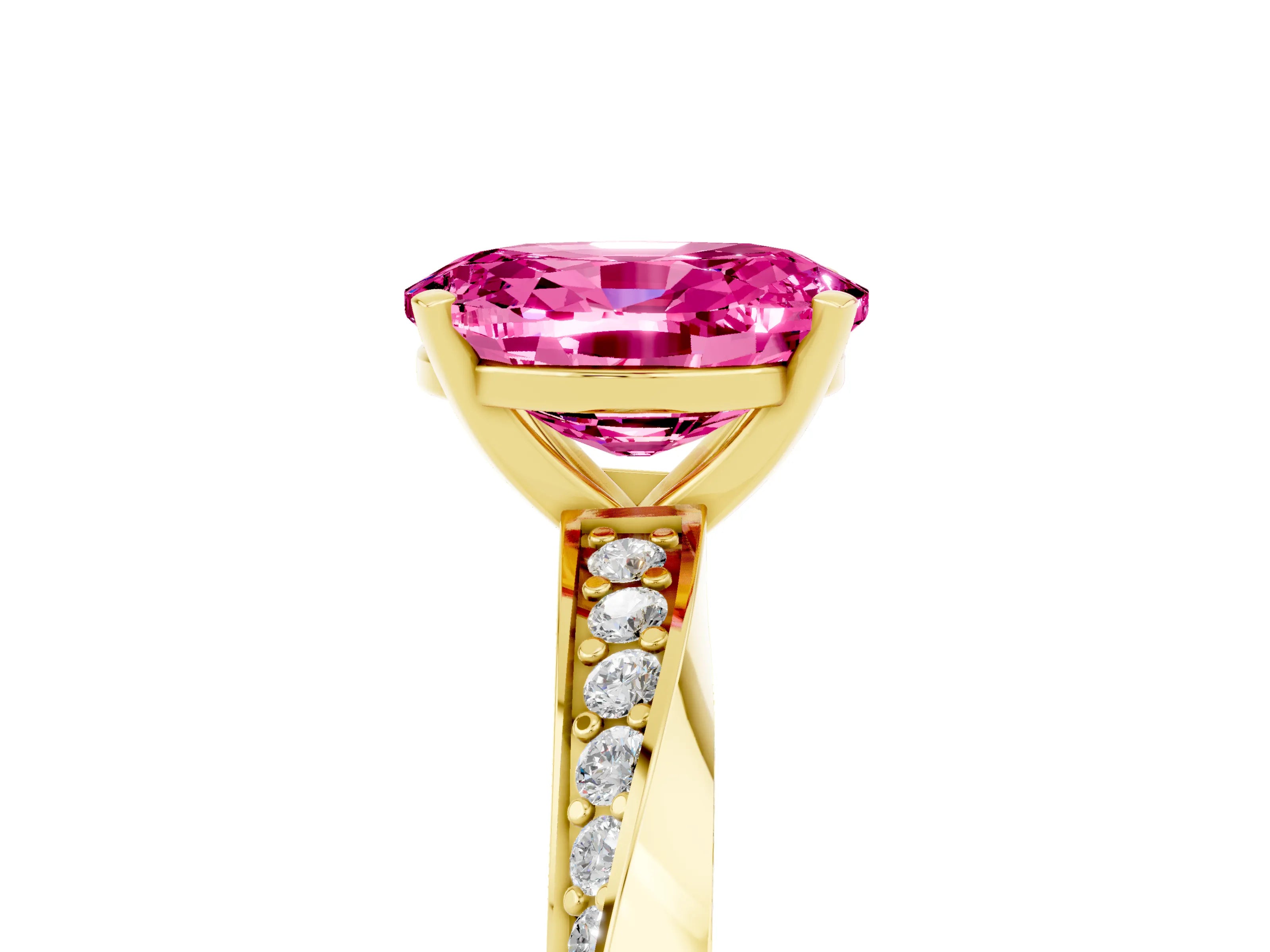 Yellow gold Oval Cut Pink Sapphire Engagement Ring with Side Stone Accents and Four-Prong Setting_56