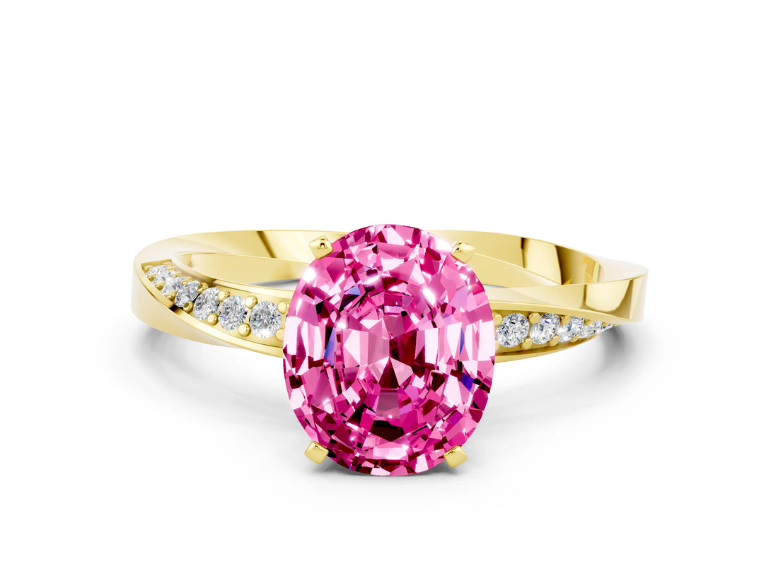 Yellow gold Oval Cut Pink Sapphire Engagement Ring with Side Stone Accents and Four-Prong Setting_60