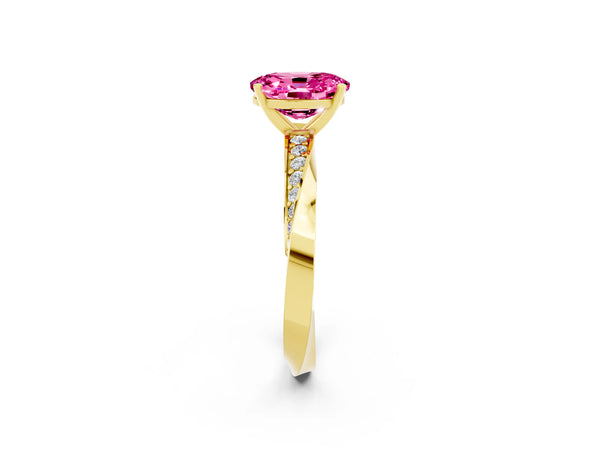Yellow gold Oval Cut Pink Sapphire Engagement Ring with Side Stone Accents and Four-Prong Setting