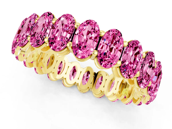 Yellow gold Oval Cut Pink Sapphire Eternity Band with Shared Prong Setting