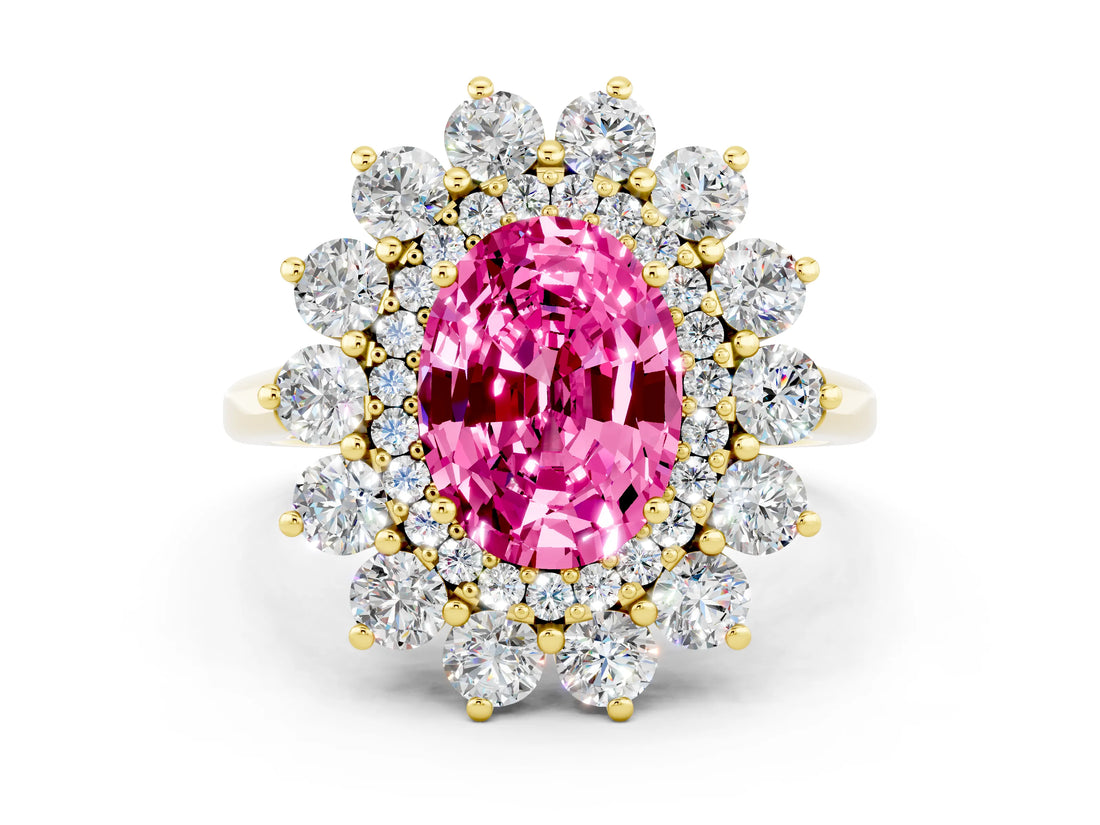 Yellow gold Oval Cut Pink Sapphire Floral Double Halo Engagement Ring with Prong Setting_60