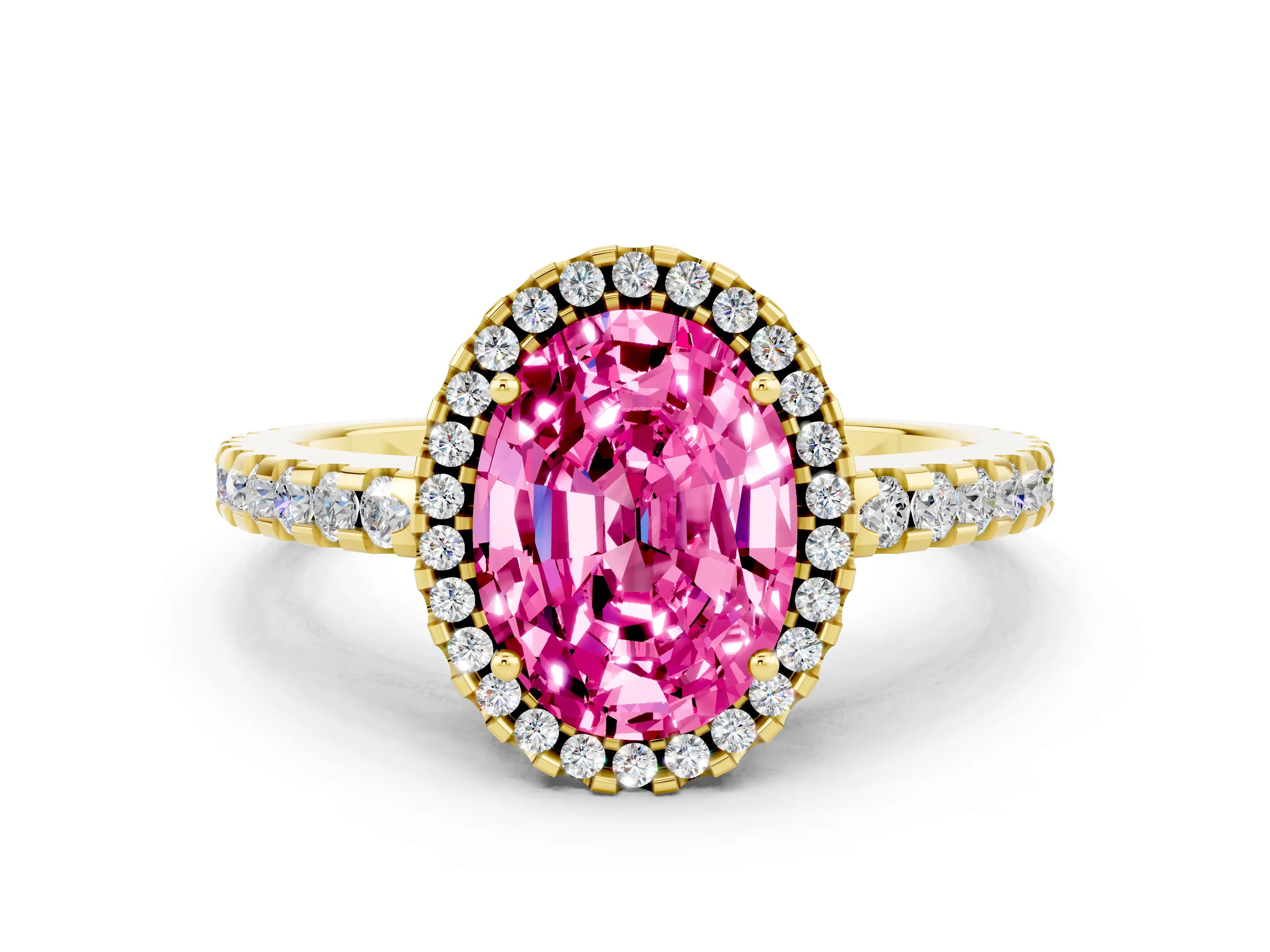 Yellow gold Oval Cut Pink Sapphire Halo Engagement Ring with Pavé Band and Prong Setting_12