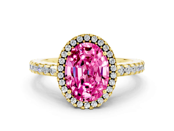 Yellow gold Oval Cut Pink Sapphire Halo Engagement Ring with Pavé Band and Prong Setting