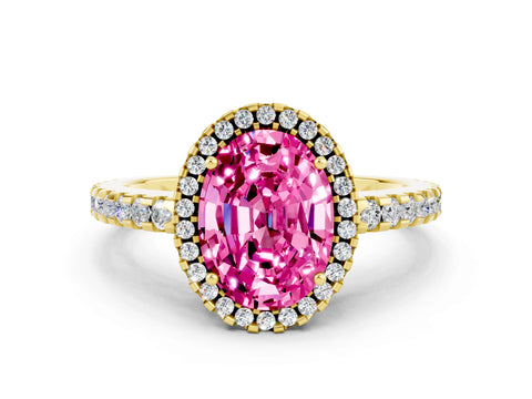 Yellow gold Oval Cut Pink Sapphire Halo Engagement Ring with Pavé Band and Prong Setting_12