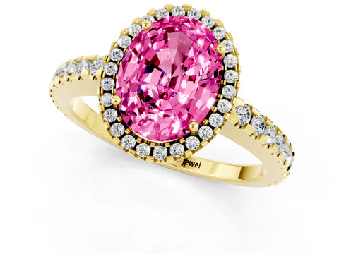Yellow gold Oval Cut Pink Sapphire Halo Engagement Ring with Pavé Band and Prong Setting_13