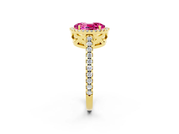 Yellow gold Oval Cut Pink Sapphire Halo Engagement Ring with Pavé Band and Prong Setting