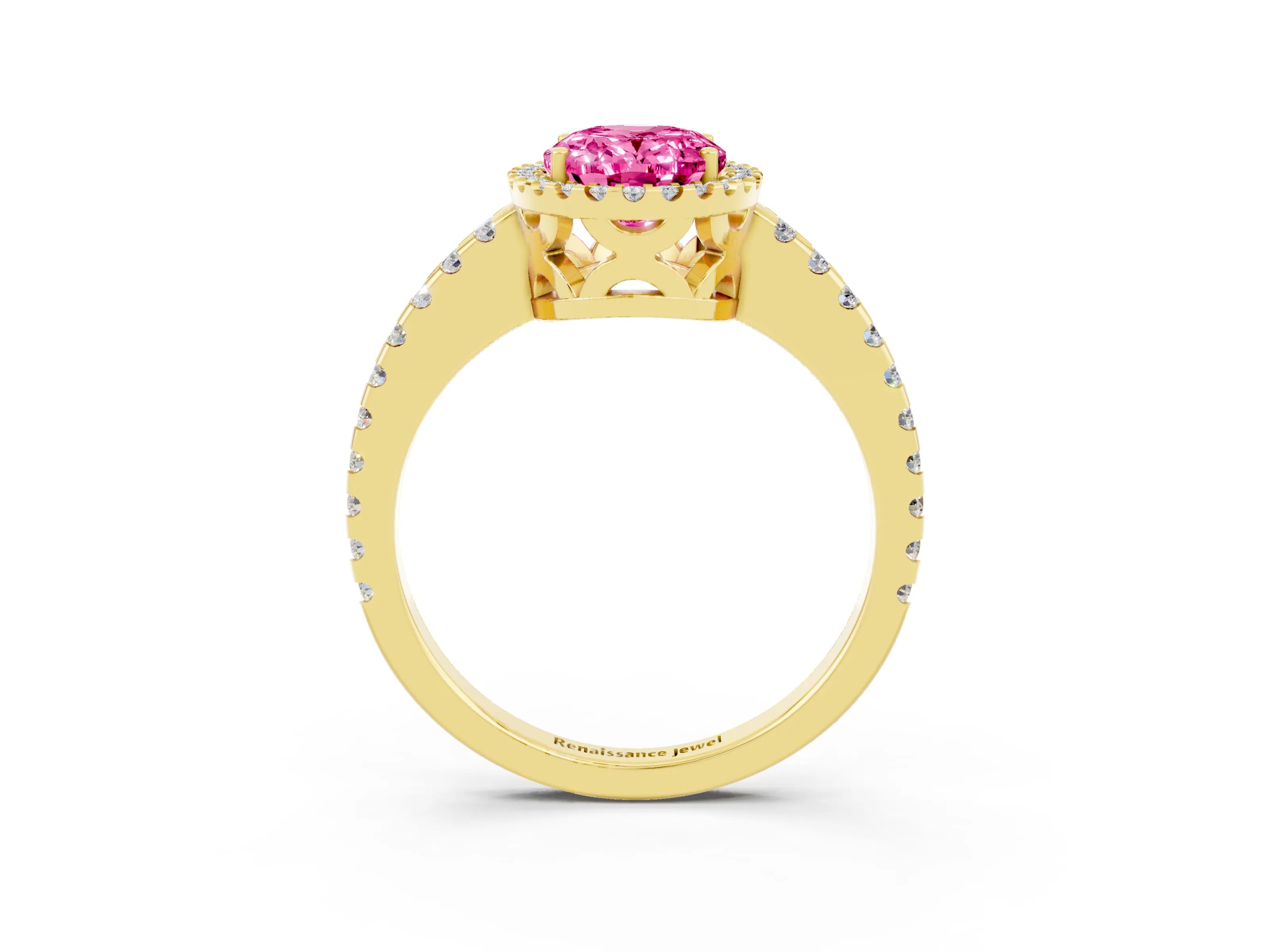 Yellow gold Oval Cut Pink Sapphire Halo Engagement Ring with Pavé Band and Prong Setting_15