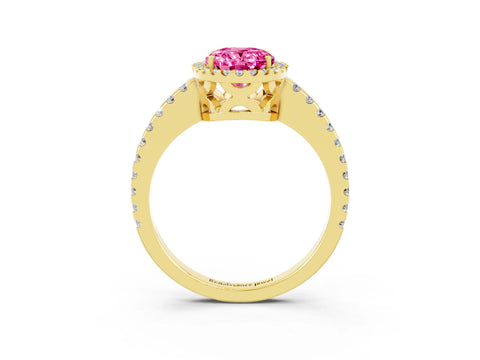 Yellow gold Oval Cut Pink Sapphire Halo Engagement Ring with Pavé Band and Prong Setting_15