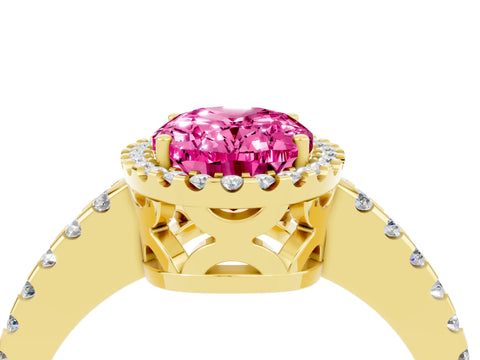 Yellow gold Oval Cut Pink Sapphire Halo Engagement Ring with Pavé Band and Prong Setting_16