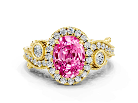 Yellow gold Oval Cut Pink Sapphire Halo Ring with Milgrain Pavé Band and Four-Prong Setting_12