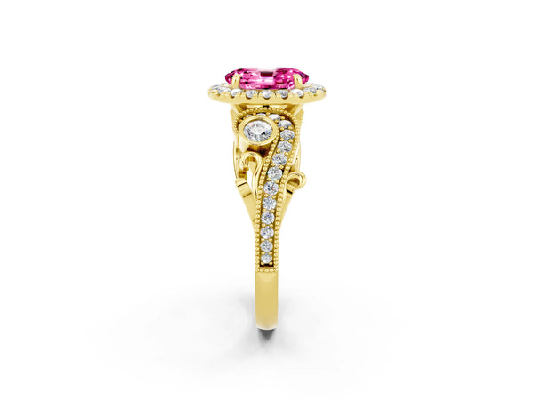 Yellow gold Oval Cut Pink Sapphire Halo Ring with Milgrain Pavé Band and Four-Prong Setting
