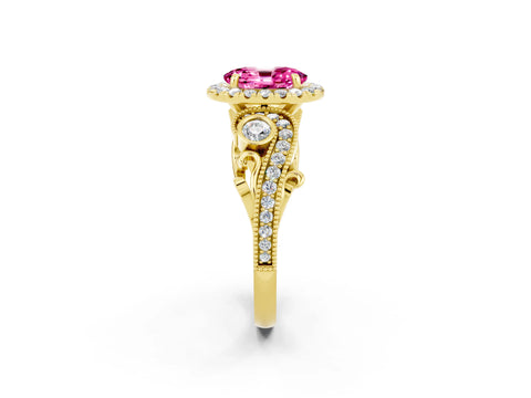 Yellow gold Oval Cut Pink Sapphire Halo Ring with Milgrain Pavé Band and Four-Prong Setting_14
