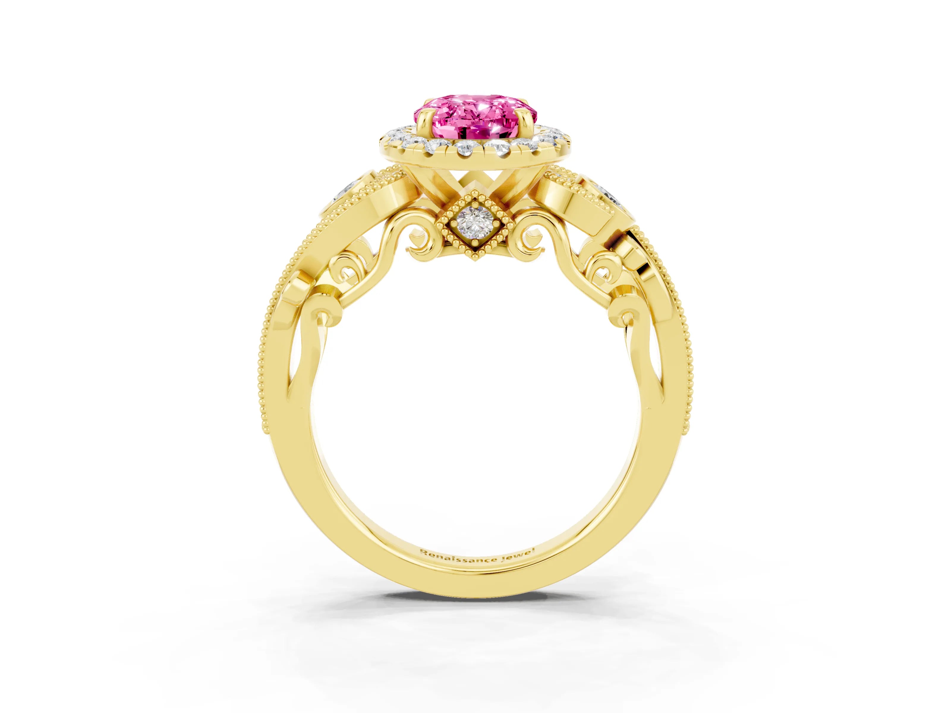 Yellow gold Oval Cut Pink Sapphire Halo Ring with Milgrain Pavé Band and Four-Prong Setting_15