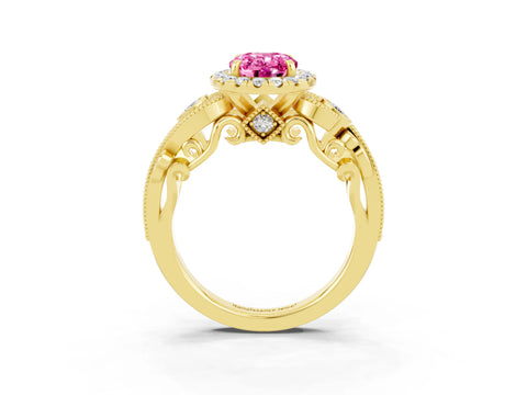 Yellow gold Oval Cut Pink Sapphire Halo Ring with Milgrain Pavé Band and Four-Prong Setting_15