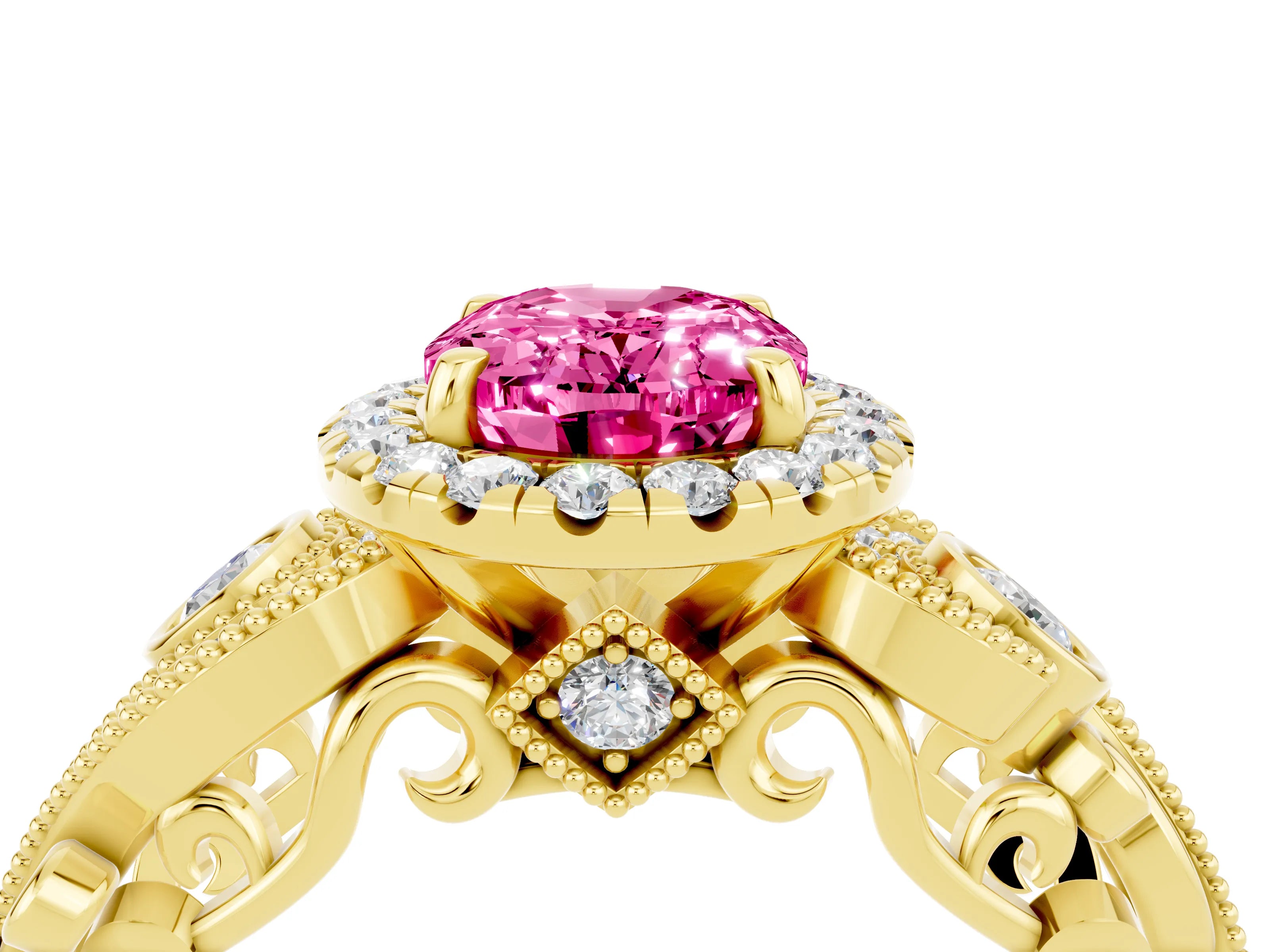 Yellow gold Oval Cut Pink Sapphire Halo Ring with Milgrain Pavé Band and Four-Prong Setting_16