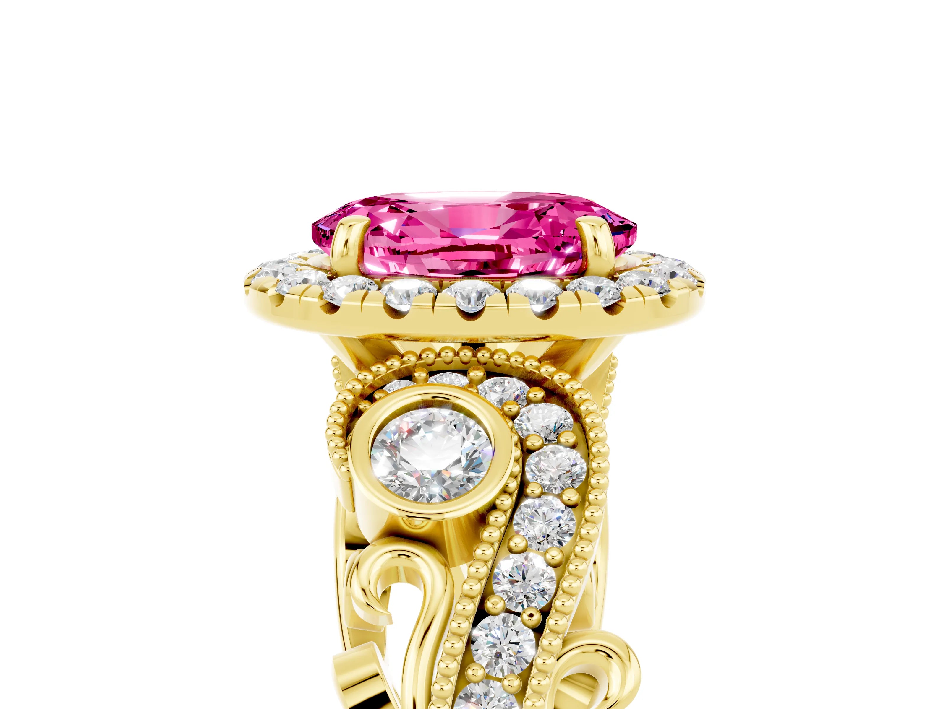 Yellow gold Oval Cut Pink Sapphire Halo Ring with Milgrain Pavé Band and Four-Prong Setting_17