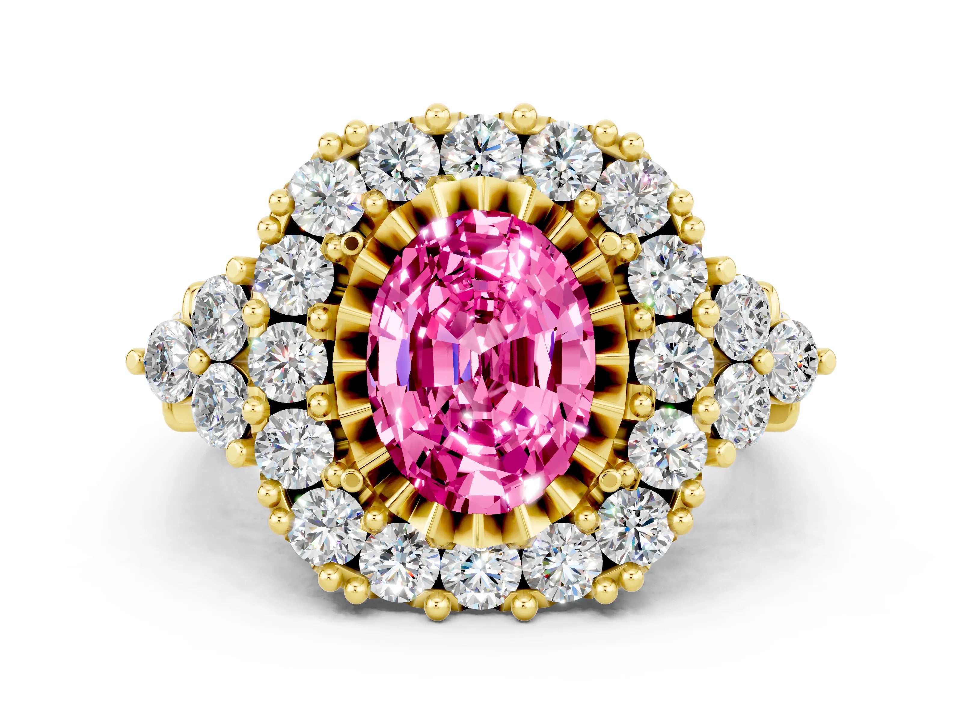 Yellow gold Oval Cut Pink Sapphire Halo Ring with Pavé Band and Four-Prong Setting_12