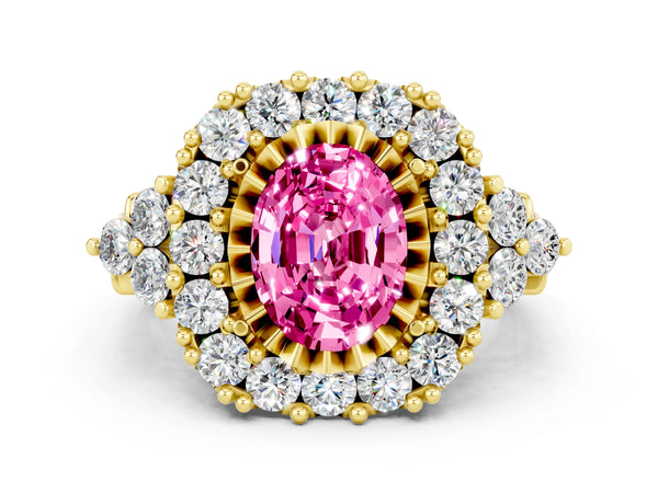 Yellow gold Oval Cut Pink Sapphire Halo Ring with Pavé Band and Four-Prong Setting