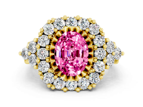Yellow gold Oval Cut Pink Sapphire Halo Ring with Pavé Band and Four-Prong Setting_12