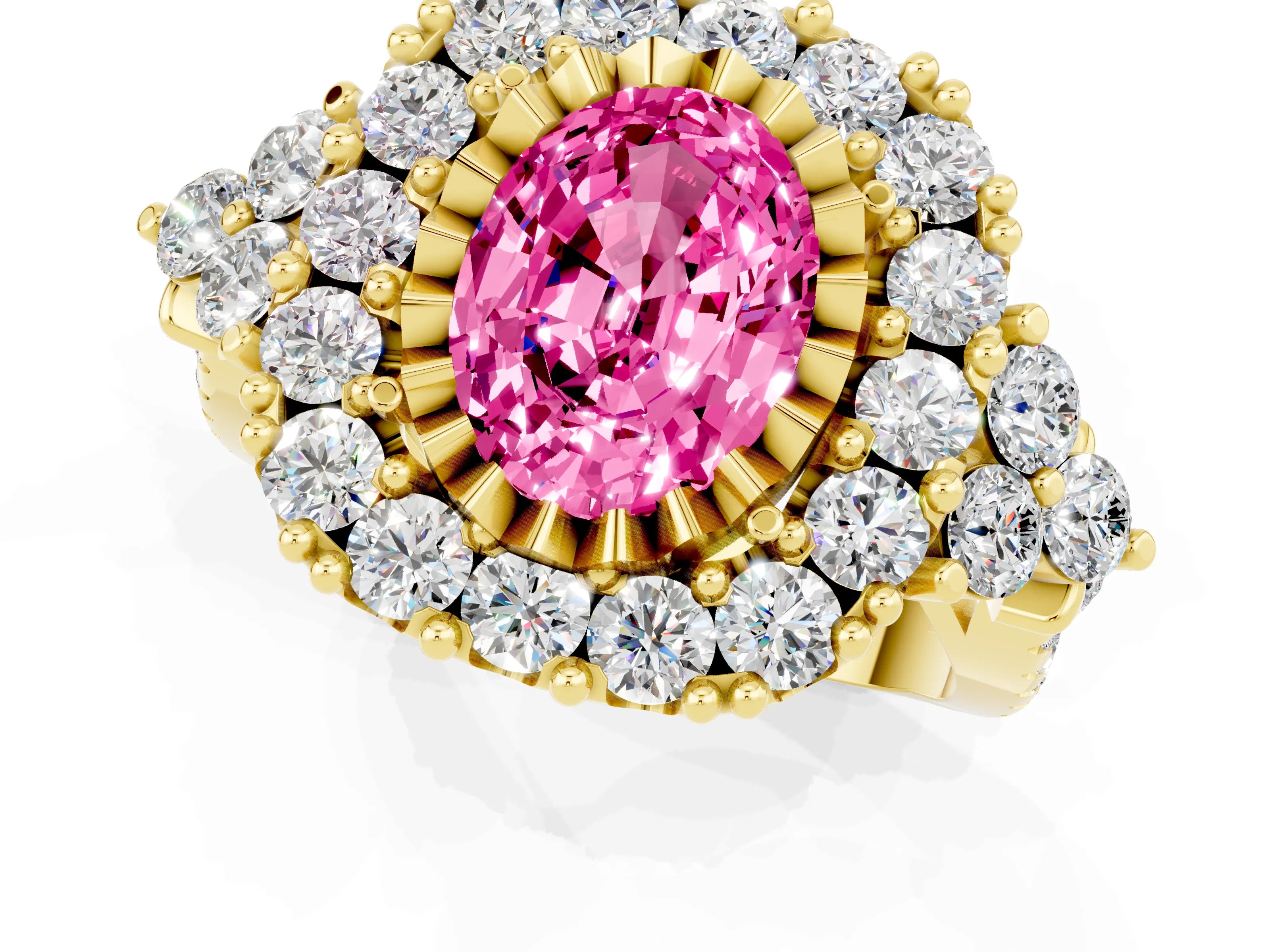 Yellow gold Oval Cut Pink Sapphire Halo Ring with Pavé Band and Four-Prong Setting_13