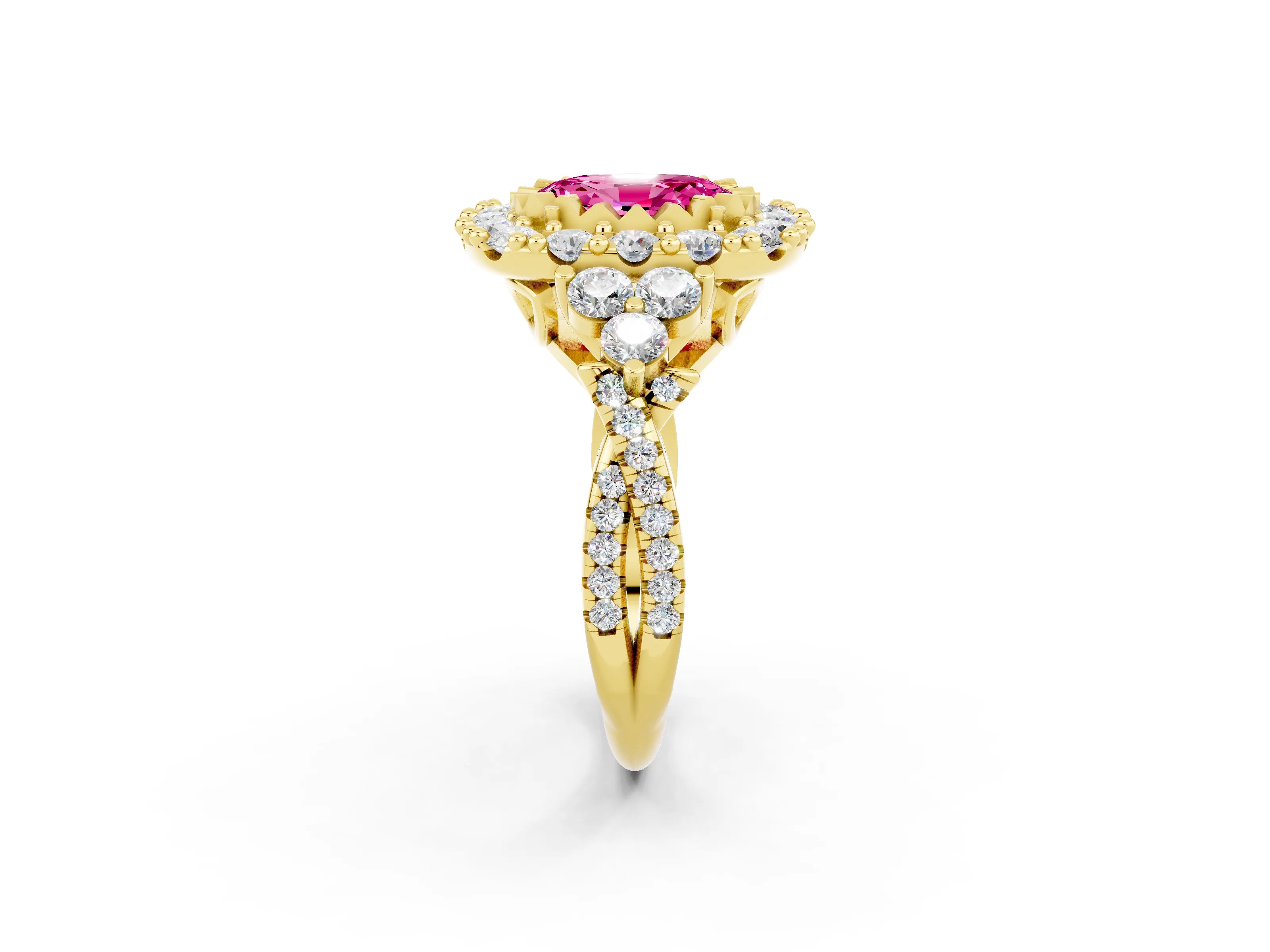 Yellow gold Oval Cut Pink Sapphire Halo Ring with Pavé Band and Four-Prong Setting_14