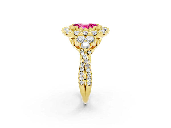Yellow gold Oval Cut Pink Sapphire Halo Ring with Pavé Band and Four-Prong Setting