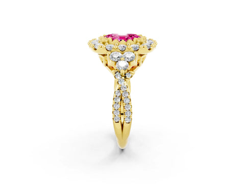 Yellow gold Oval Cut Pink Sapphire Halo Ring with Pavé Band and Four-Prong Setting_14