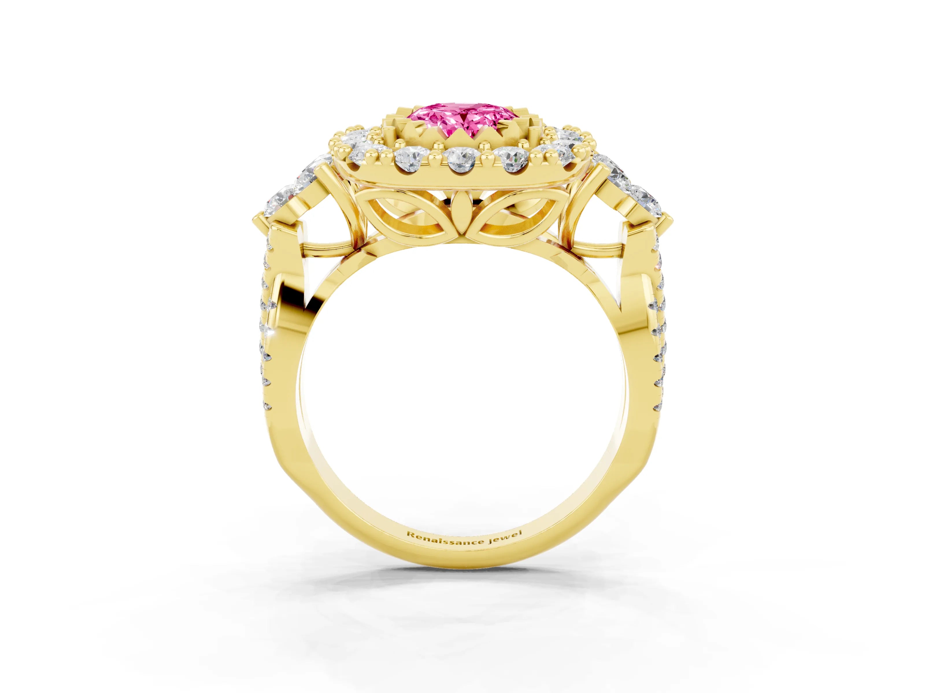 Yellow gold Oval Cut Pink Sapphire Halo Ring with Pavé Band and Four-Prong Setting_15
