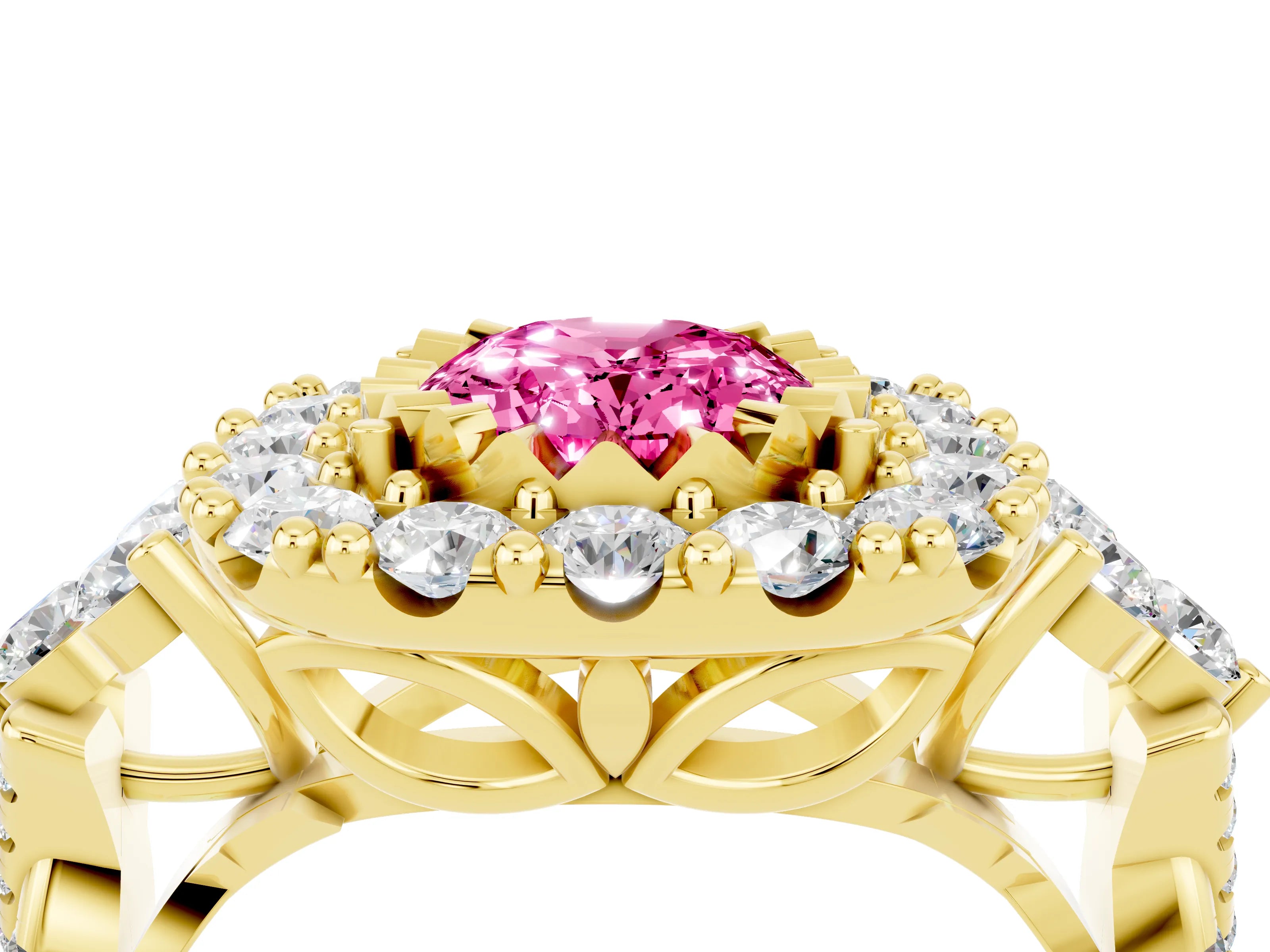 Yellow gold Oval Cut Pink Sapphire Halo Ring with Pavé Band and Four-Prong Setting_16