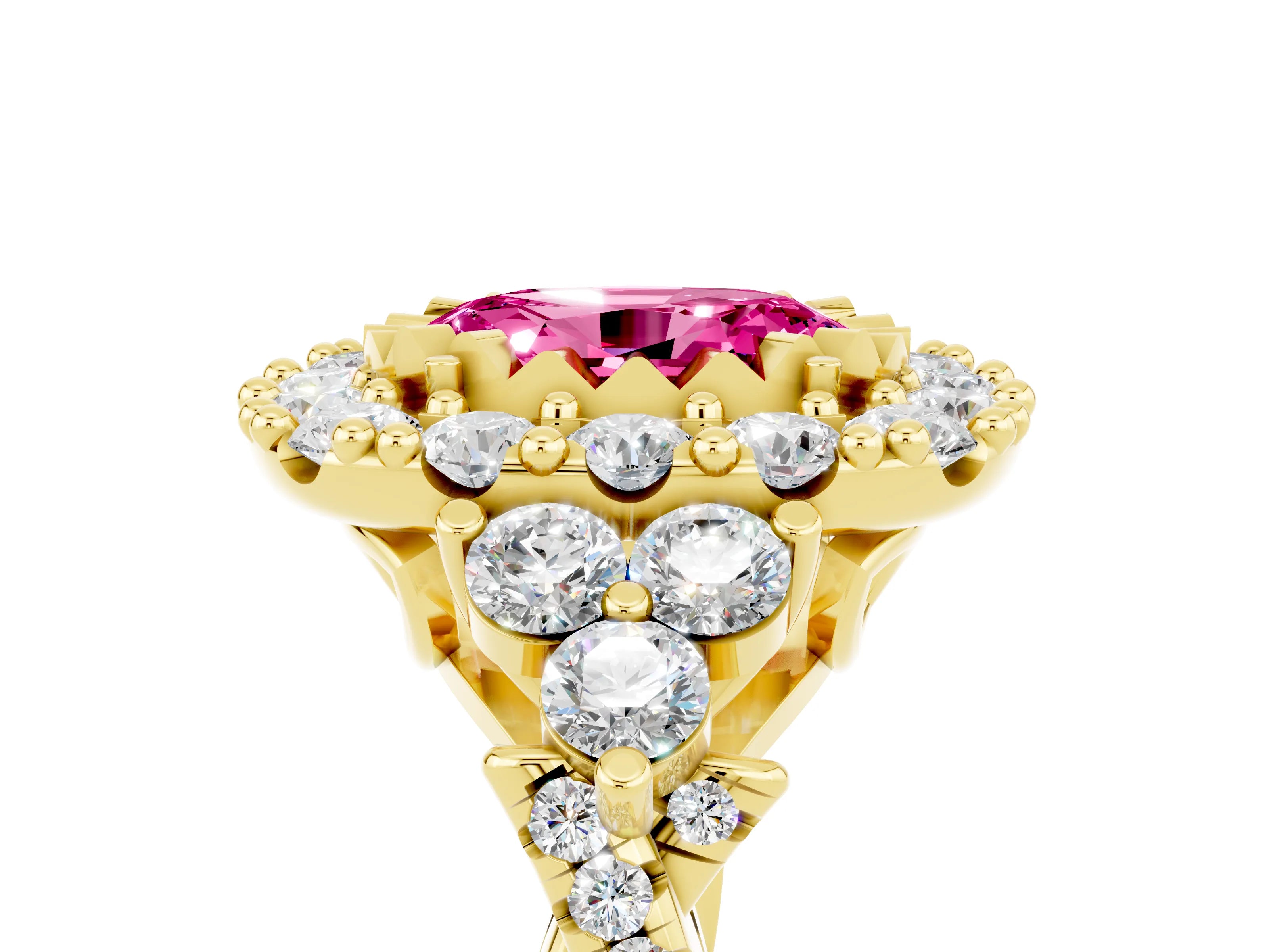 Yellow gold Oval Cut Pink Sapphire Halo Ring with Pavé Band and Four-Prong Setting_17
